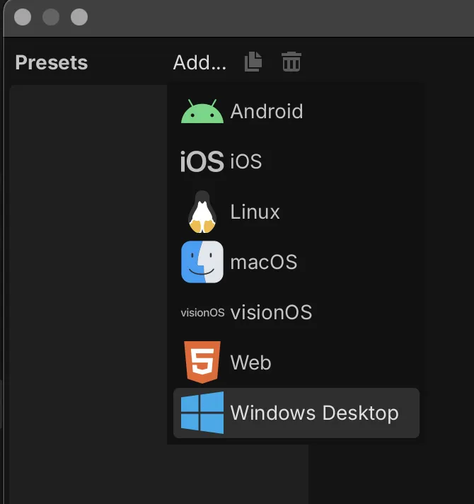 The Add… list in Godot's Export window: Android, iOS, Linux, macOS, visionOS, Web, and Windows Desktop, which is highlighted.