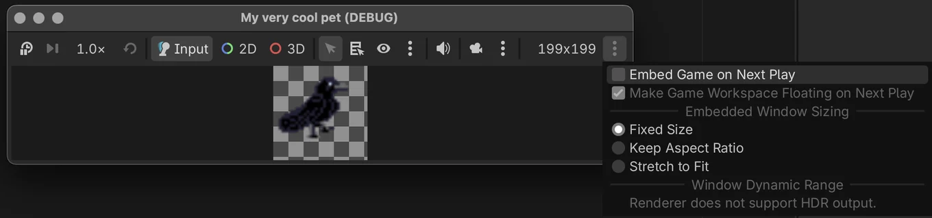 The embedded game's three dot menu, with Embed Game on Next Play turned off.