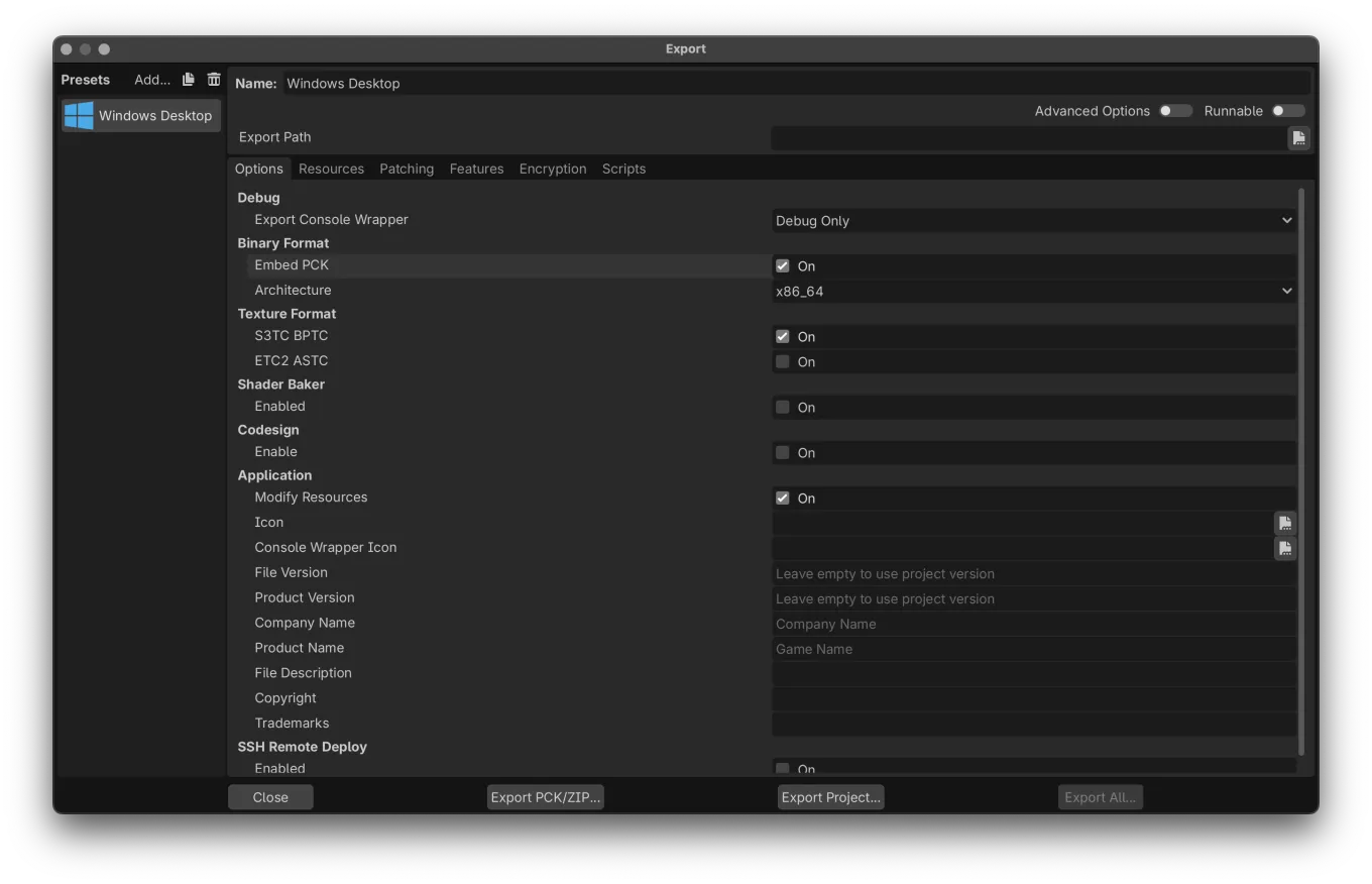 The Windows Desktop preset in Godot's Export window, with Embed PCK turned on under Binary Format.