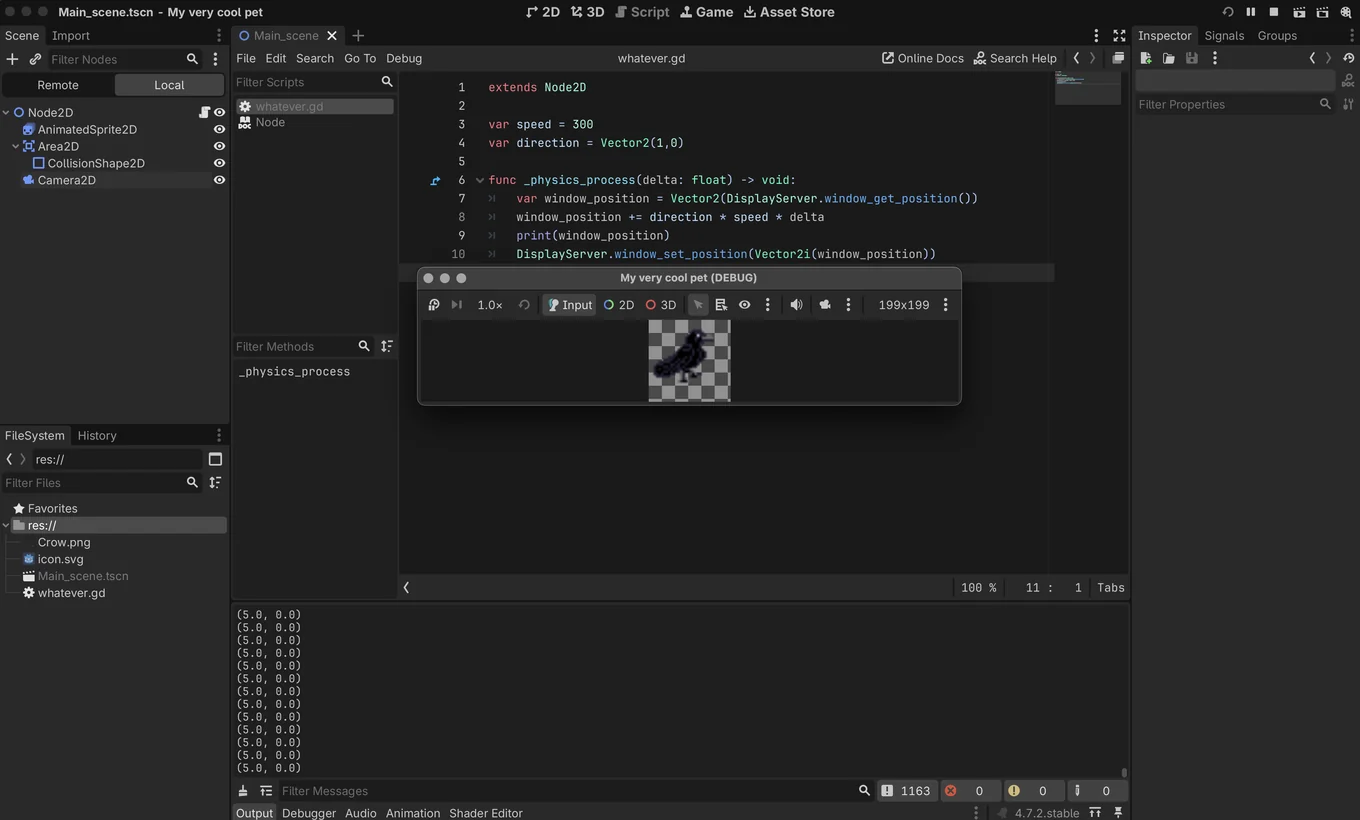 The Godot editor with the script open and the game running in a small window inside the editor, the crow on a checkerboard, and the Output panel printing (5.0, 0.0) over and over.