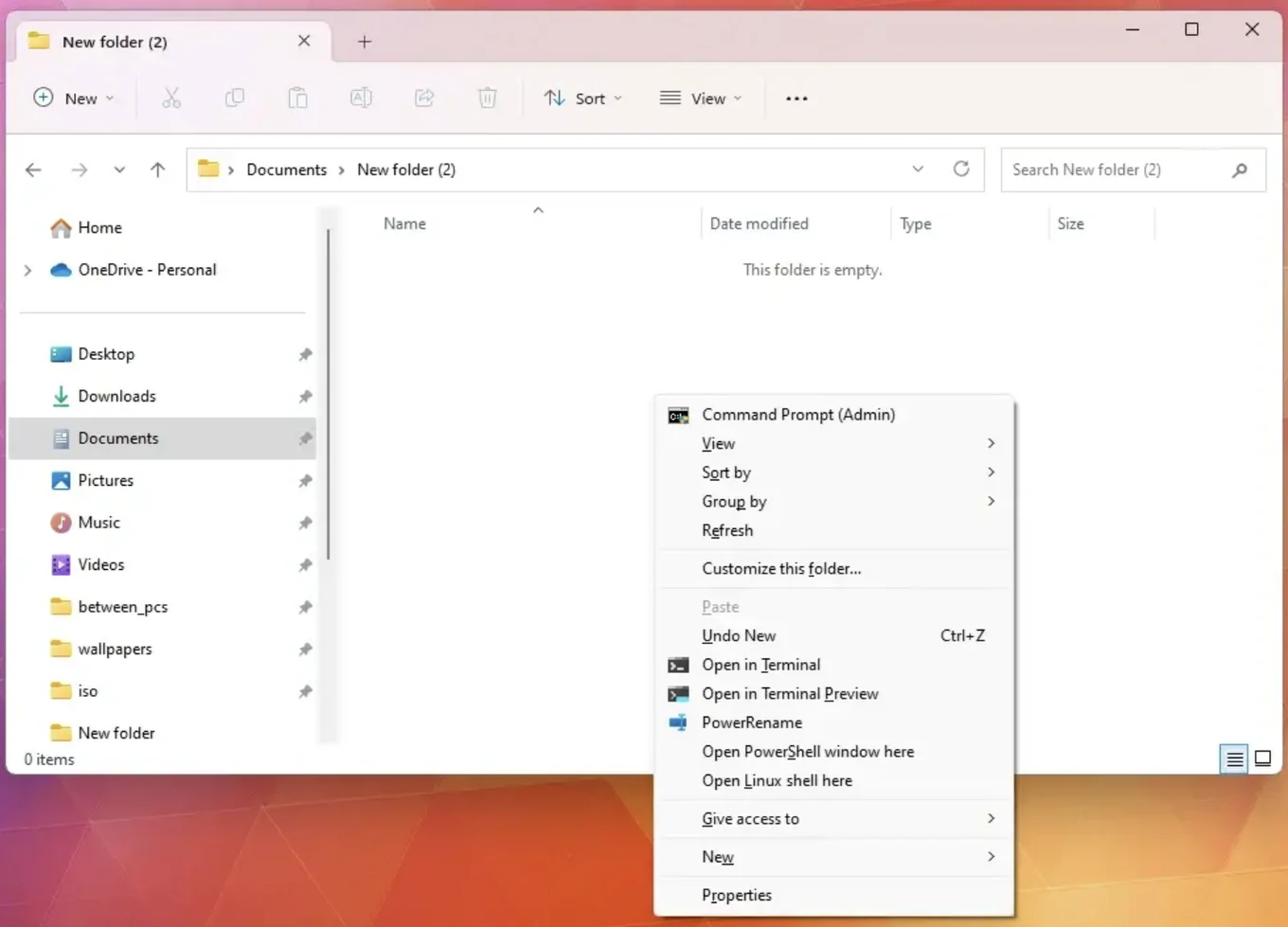 File Explorer in an empty folder, with its right-click menu open and Open in Terminal in the list.