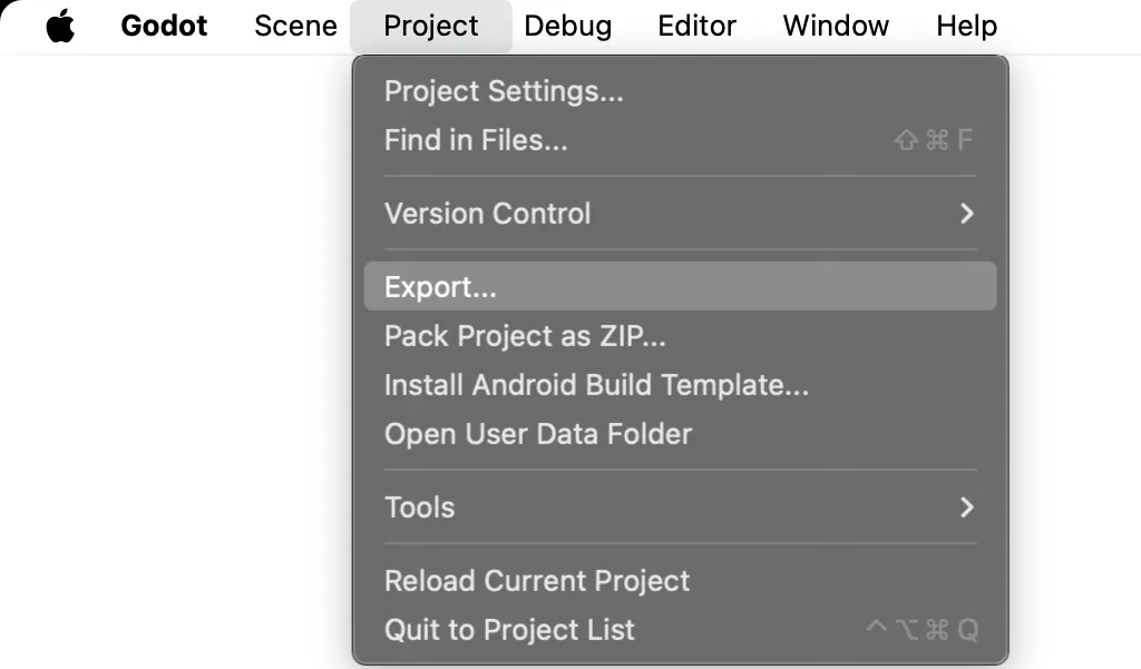 Godot's Project menu, open, with Export… highlighted.