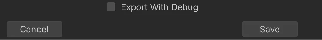 Godot's save window for the export, with Export With Debug off, and Cancel and Save buttons.