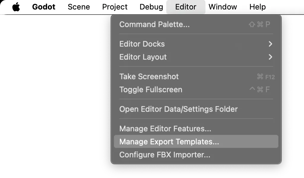 Godot's Editor menu, open, with Manage Export Templates… highlighted.