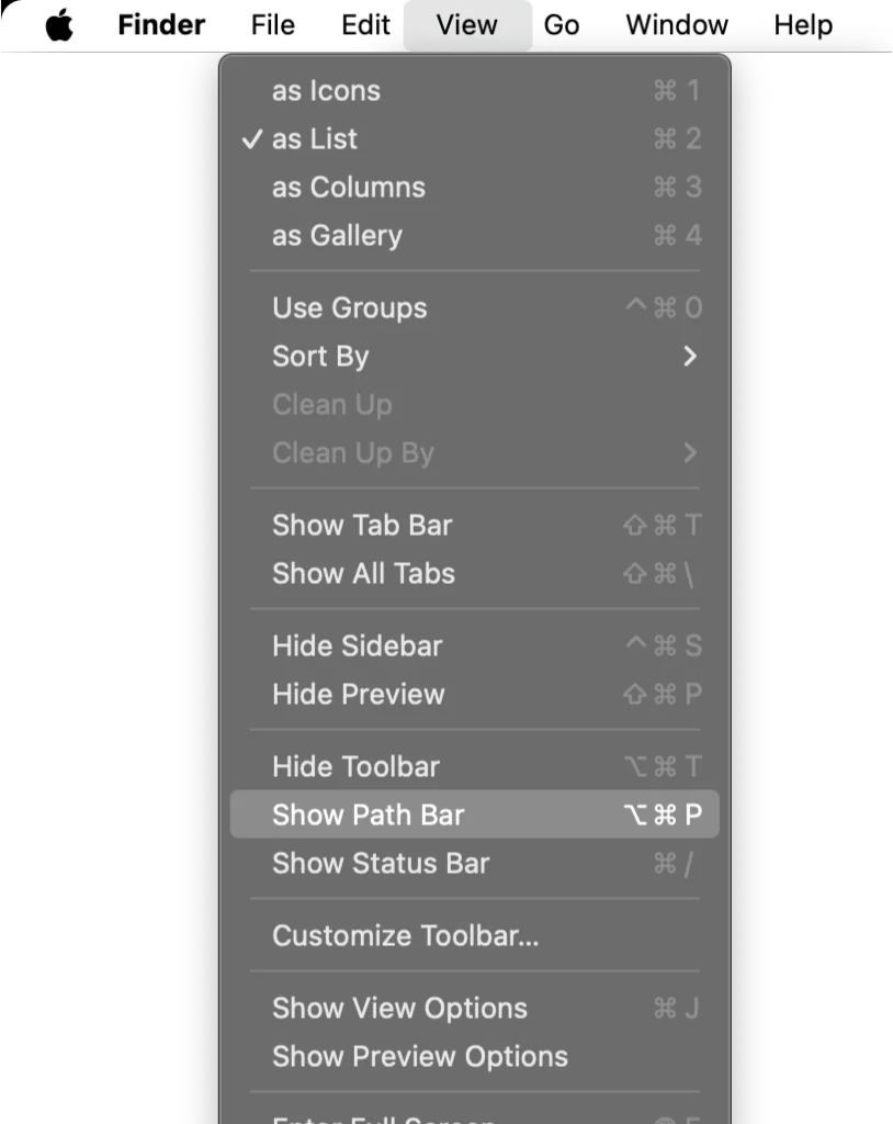 Finder's View menu, with Show Path Bar highlighted.