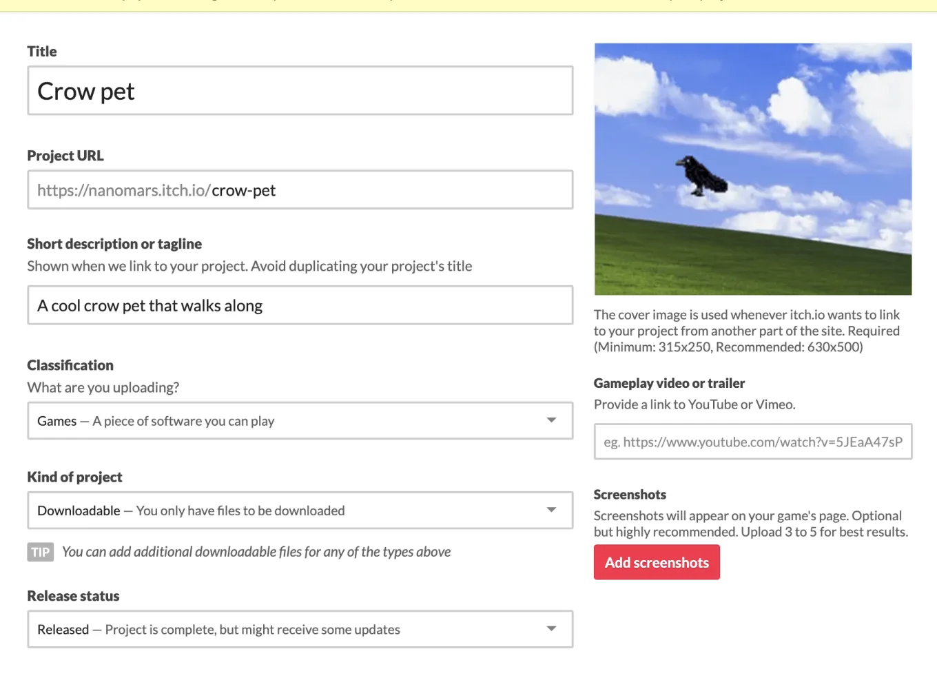 itch.io's new project page, filled out with the title Crow pet, a tagline, a cover image of a crow over a green hill, and an Add screenshots button.