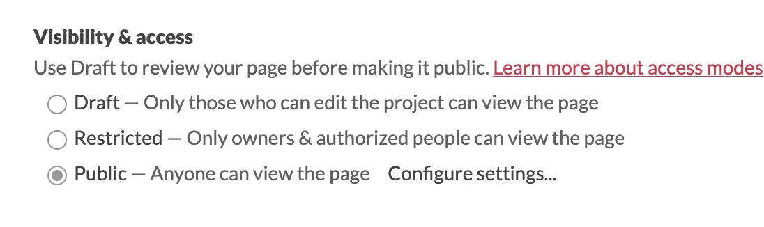 itch.io's Visibility and access setting, with Public selected.