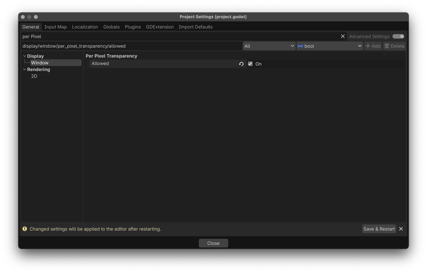 Project Settings searched for per Pixel, with Window selected and Per Pixel Transparency, Allowed, on.