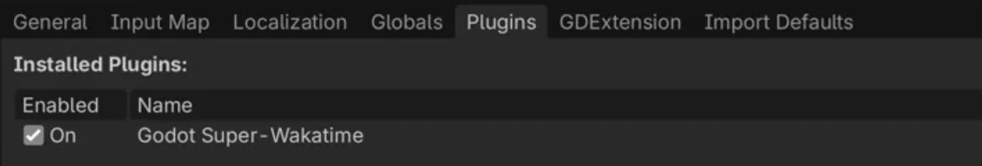 Godot's Project Settings window on the Plugins tab, with Godot Super-Wakatime listed and its Enabled checkbox ticked.