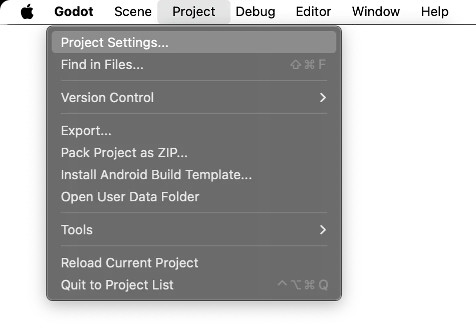Godot's Project menu, with Project Settings… at the top.