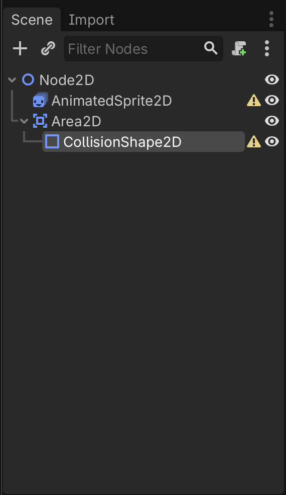 The scene tree: Node2D, with AnimatedSprite2D and Area2D under it, and CollisionShape2D under Area2D.