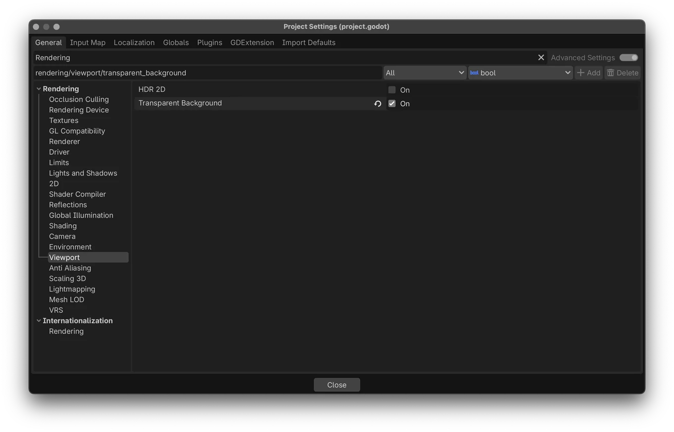Project Settings searched for Rendering, with Viewport selected and Transparent Background on.