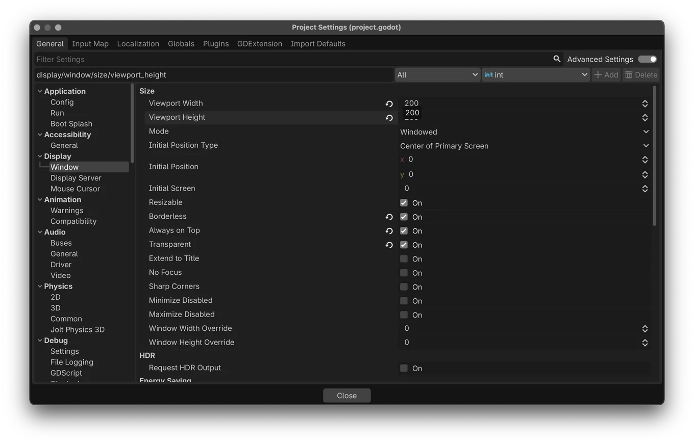 Project Settings at Display, Window: Viewport Width and Viewport Height are 200, and Borderless, Always on Top, and Transparent are on.